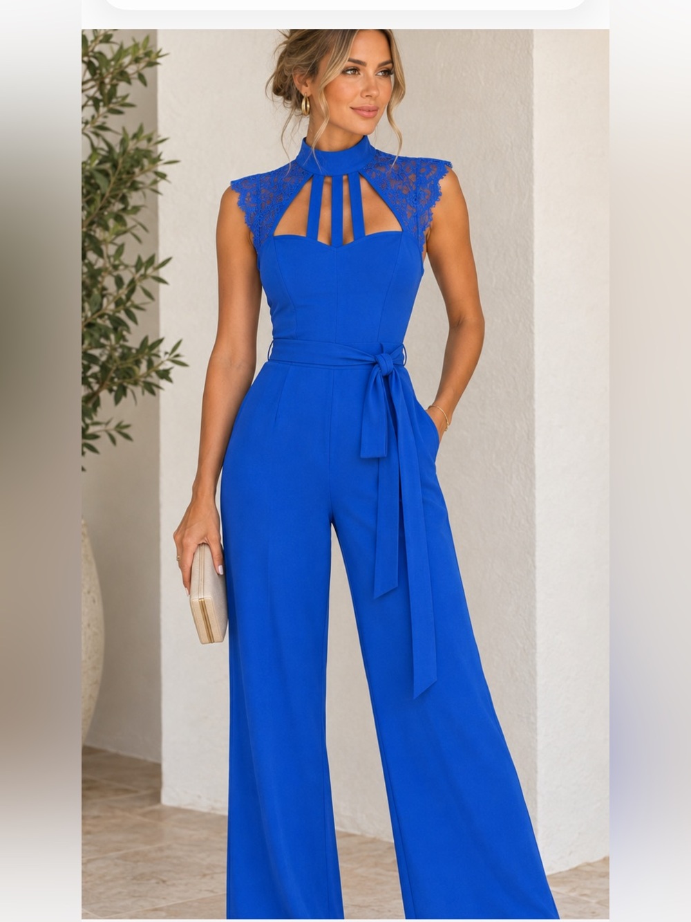 Elegant Royal Blue Lace-Detail Jumpsuit with Belt- NWOT- Size S